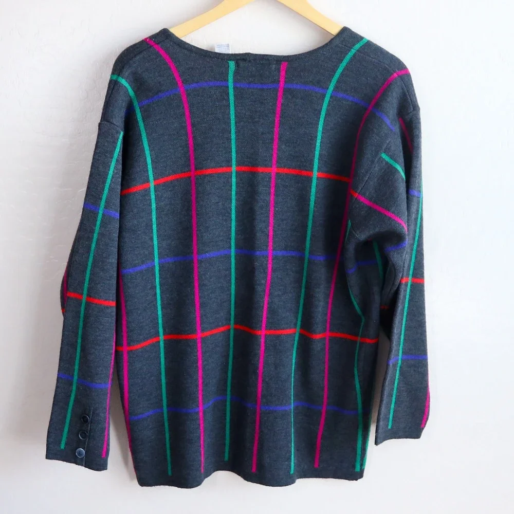 Vintage Liz Claiborne Wool Cashmere Blend Cardigan 80s 90s Plaid Grid Sweater M‎